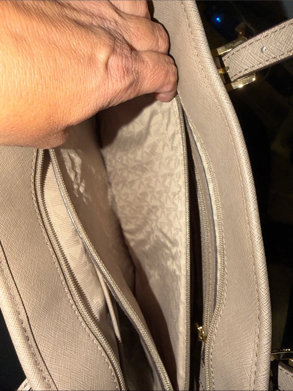Michael Kors Taupe Leather Saffiano Tote with Gold Charm like new